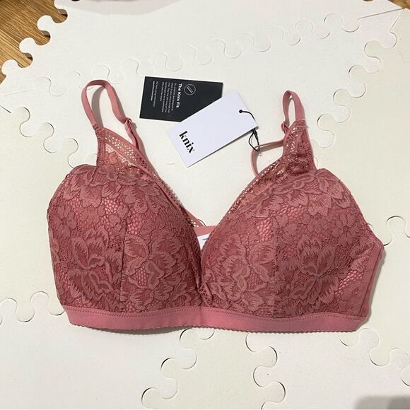 NWT Knix Deep V Lace Bralette Pink Sorbet Size Large - Picture 1 of 3